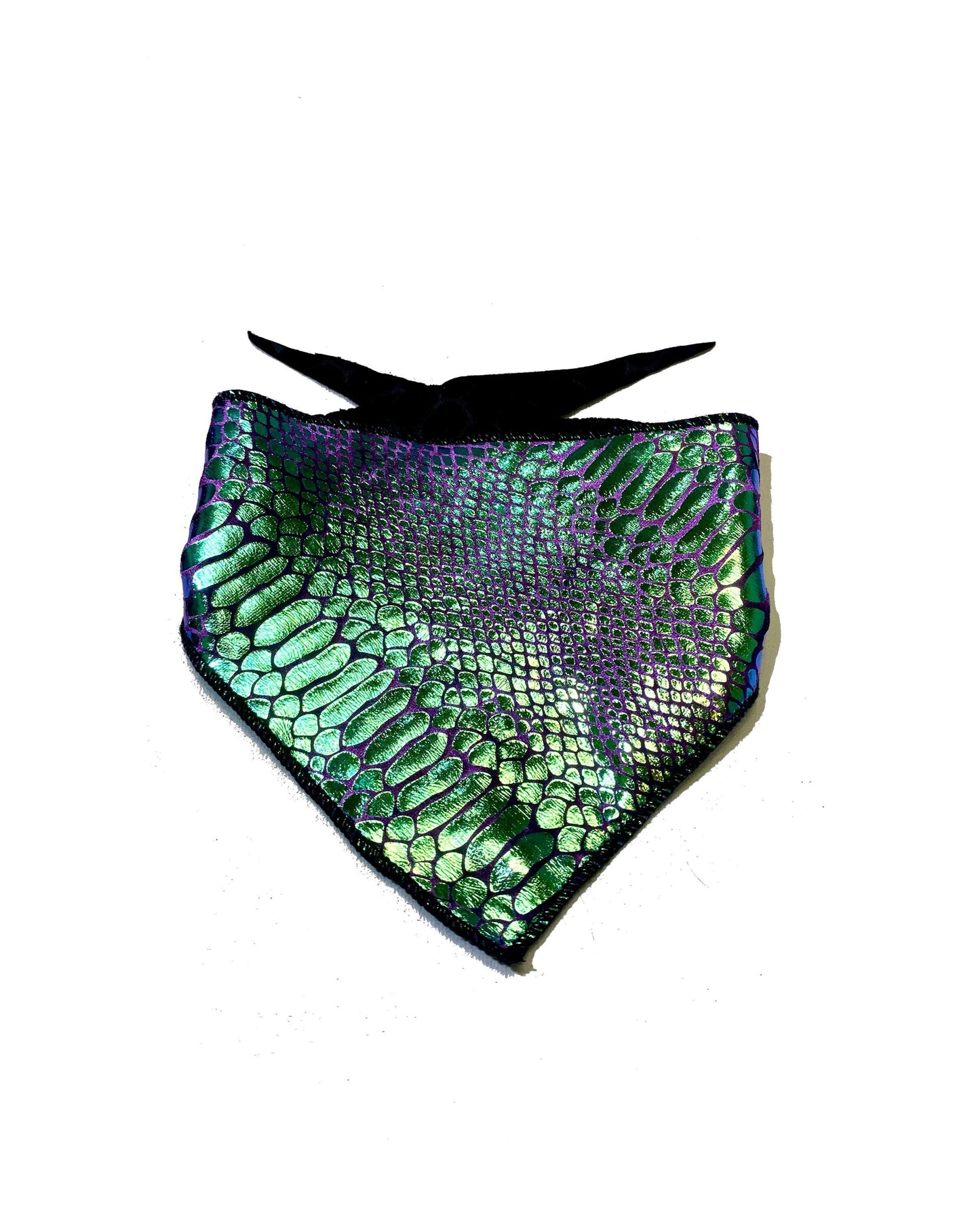 A green and purple velvet snake skin pattern bandana with a shiny, metallic finish and black ties.