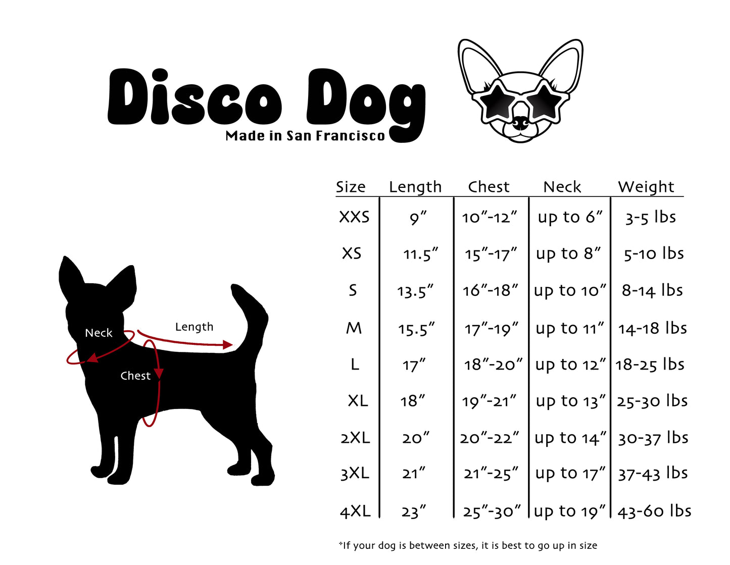 Size chart for dogs by Disco Dog with measurements and weight range.