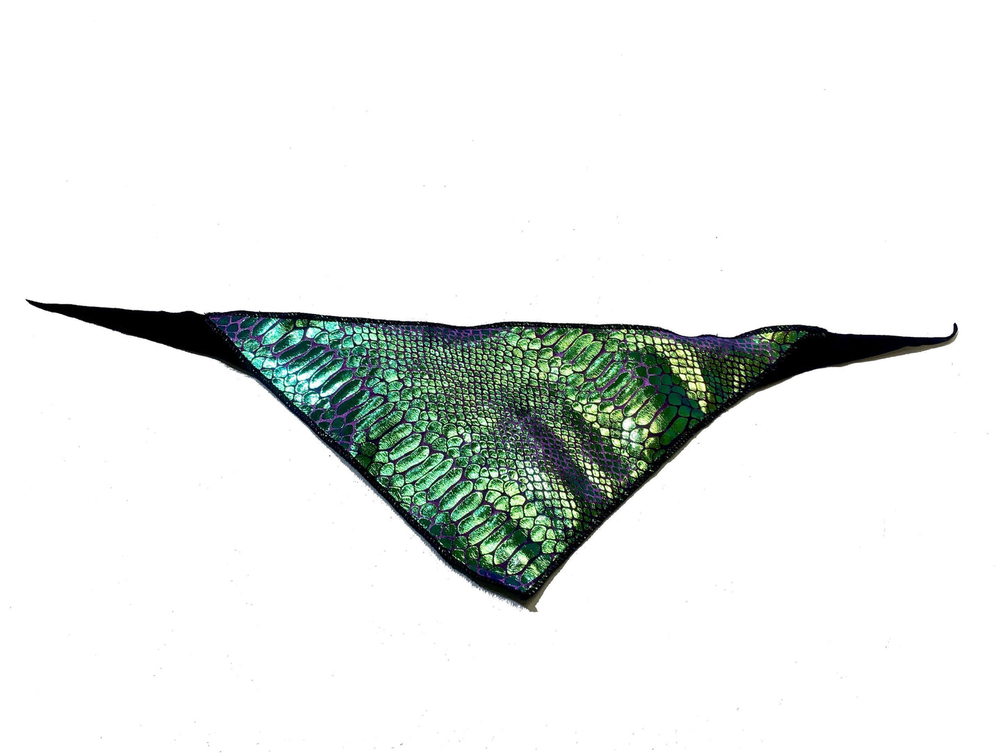 A green and purple velvet snake skin pattern bandana with a shiny, metallic finish and black ties.