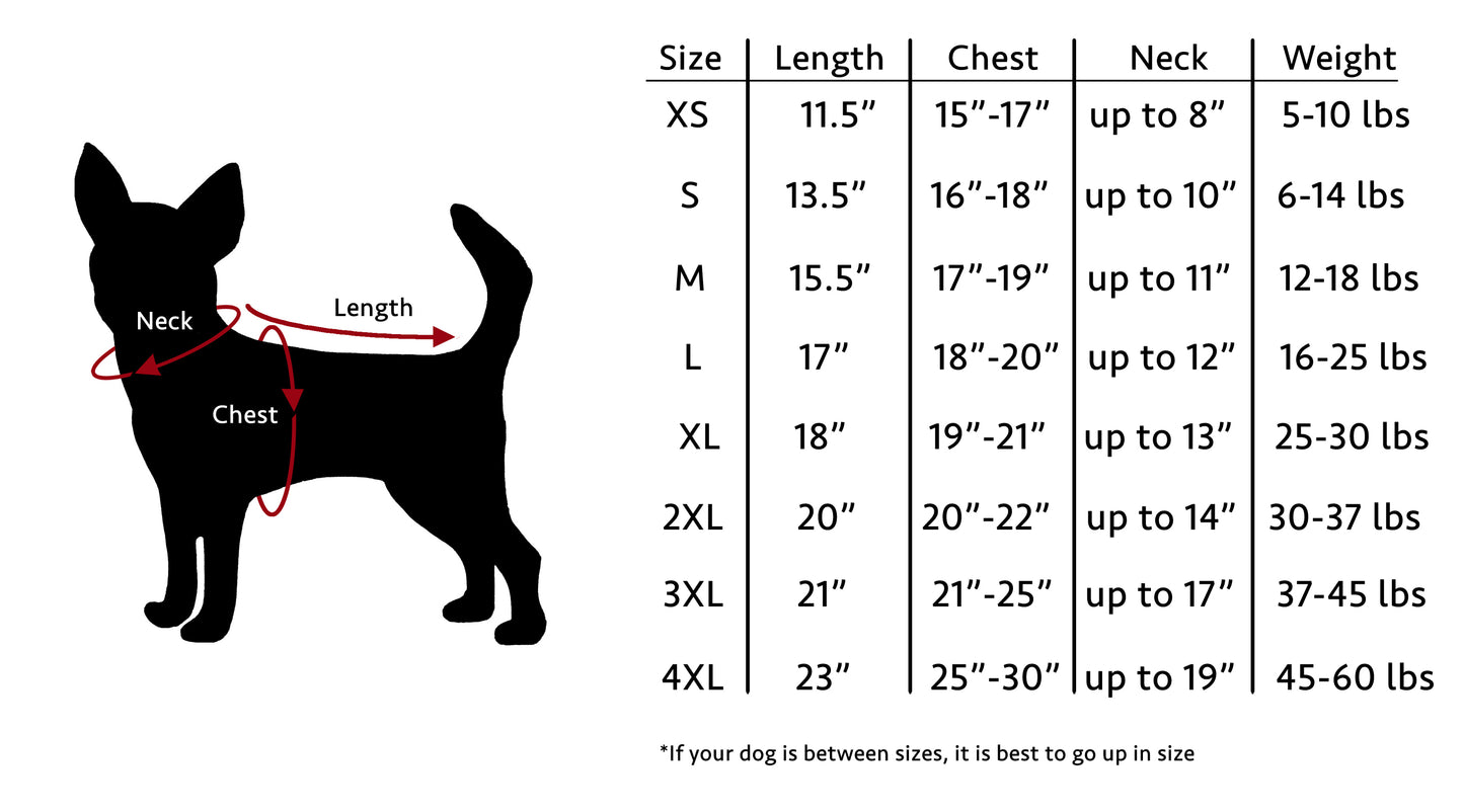 Size chart for dog coat.