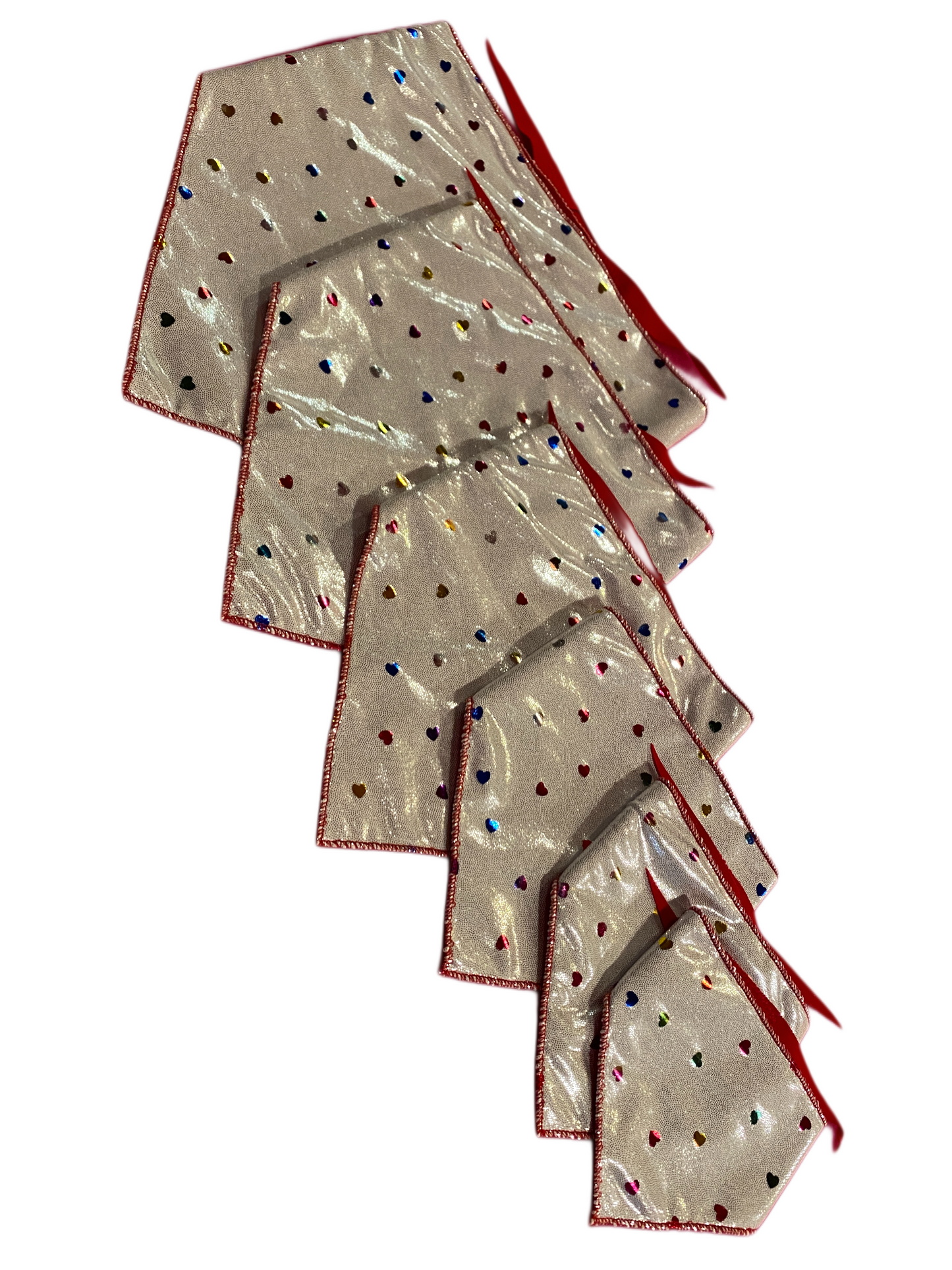 Set of metallic silver dog bandanas with multicolor hearts in various sizes from XS-2XL